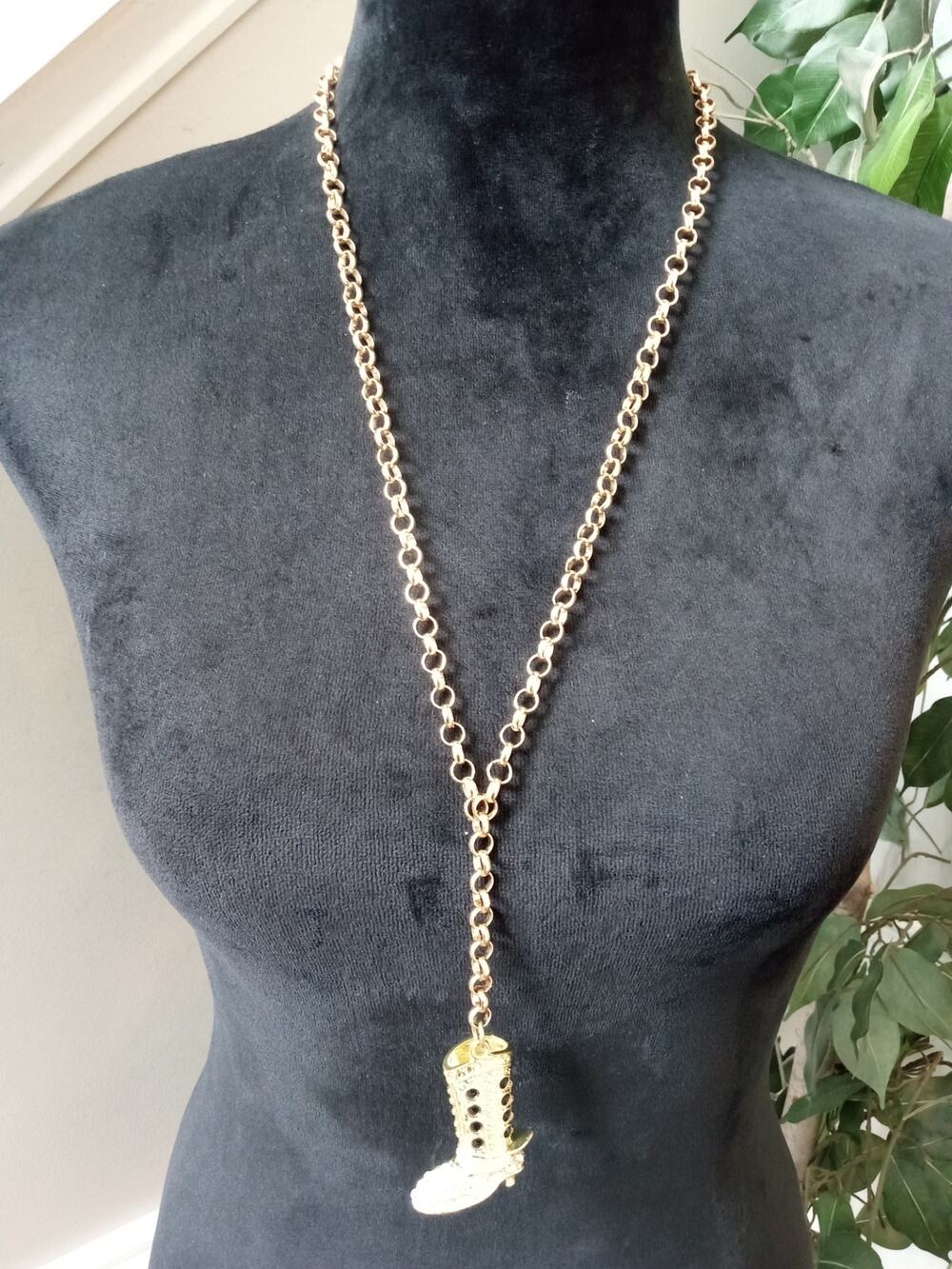 Gold Tone Rhinestone Cowboy Boot Pendant Necklace Western Charm Statement